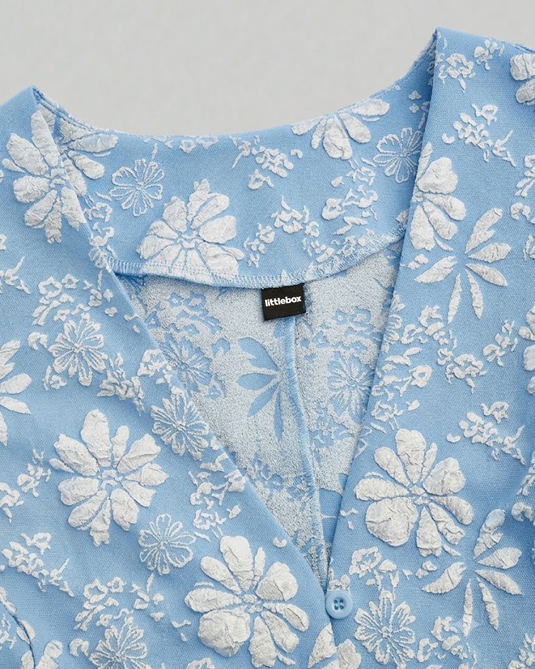 V Neck Floral Jacquard Top in Baby Blue and Classic White
