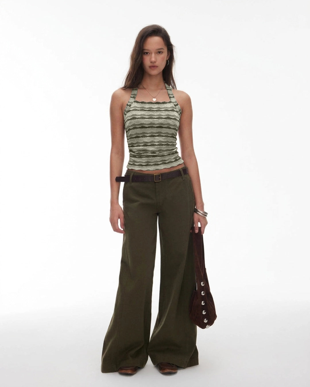 Textured Stripe Halter Crop Top in Sage Green