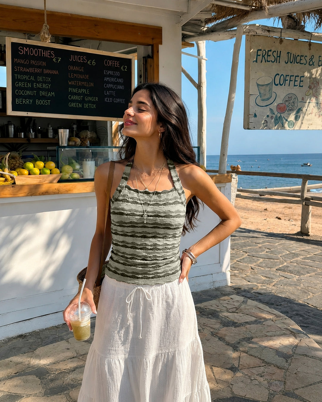 Textured Stripe Halter Crop Top in Sage Green