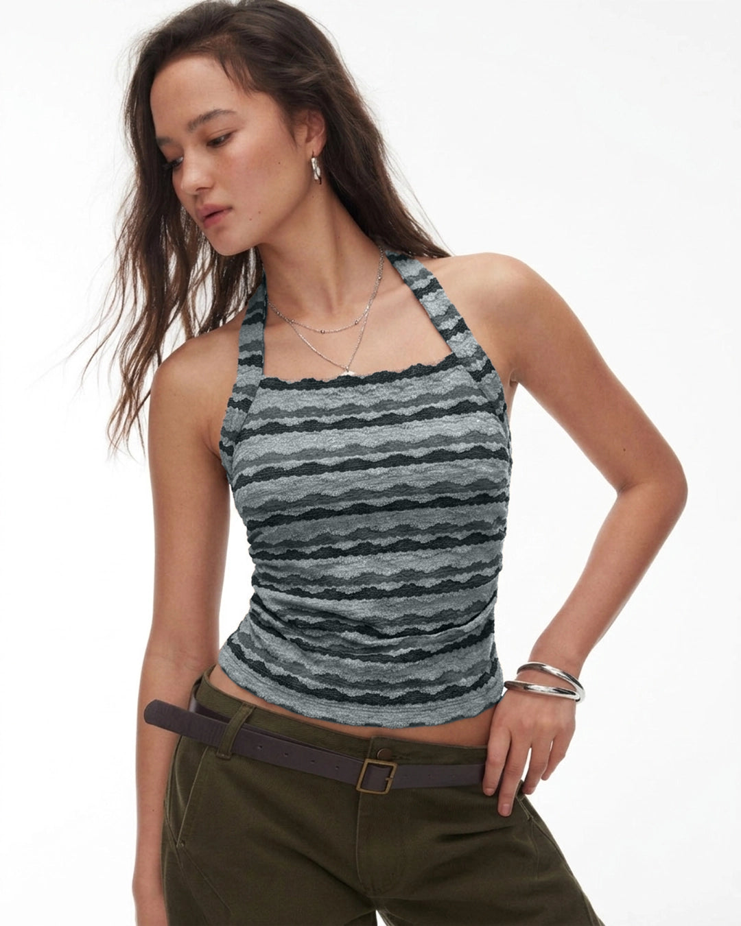 Textured Stripe Halter Crop Top in Dusty Blue
