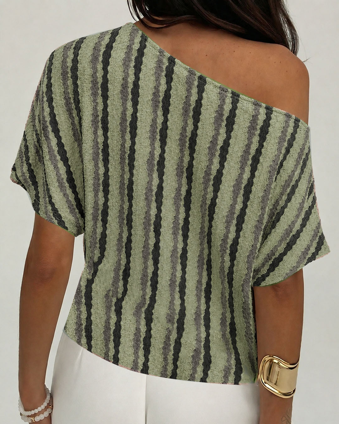Striped Off Shoulder Asymmetrical Hem Top in Sage Green