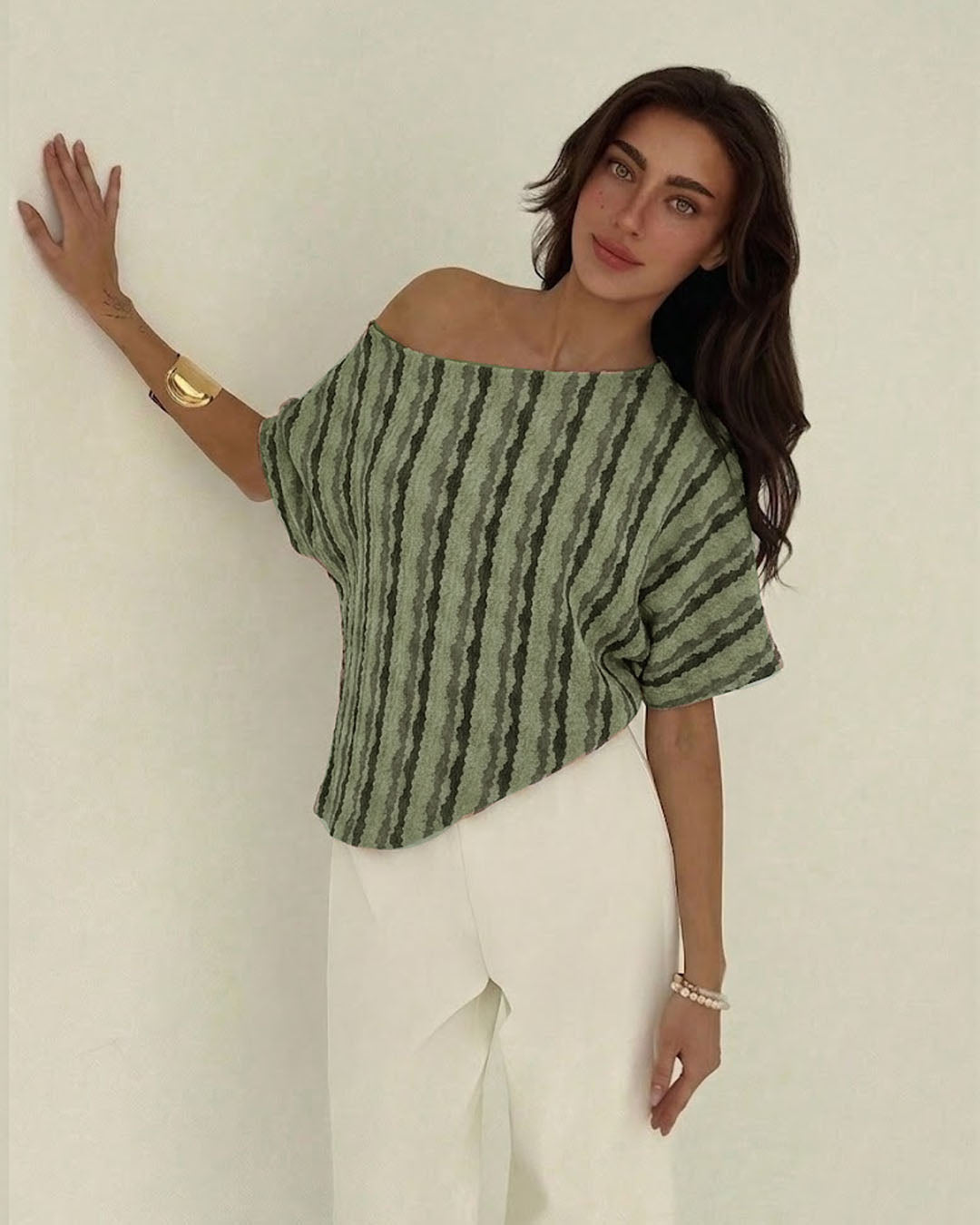 Striped Off Shoulder Asymmetrical Hem Top in Sage Green