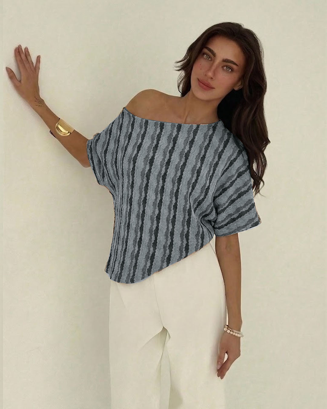 Striped Off Shoulder Asymmetrical Hem Top in Dusty Blue