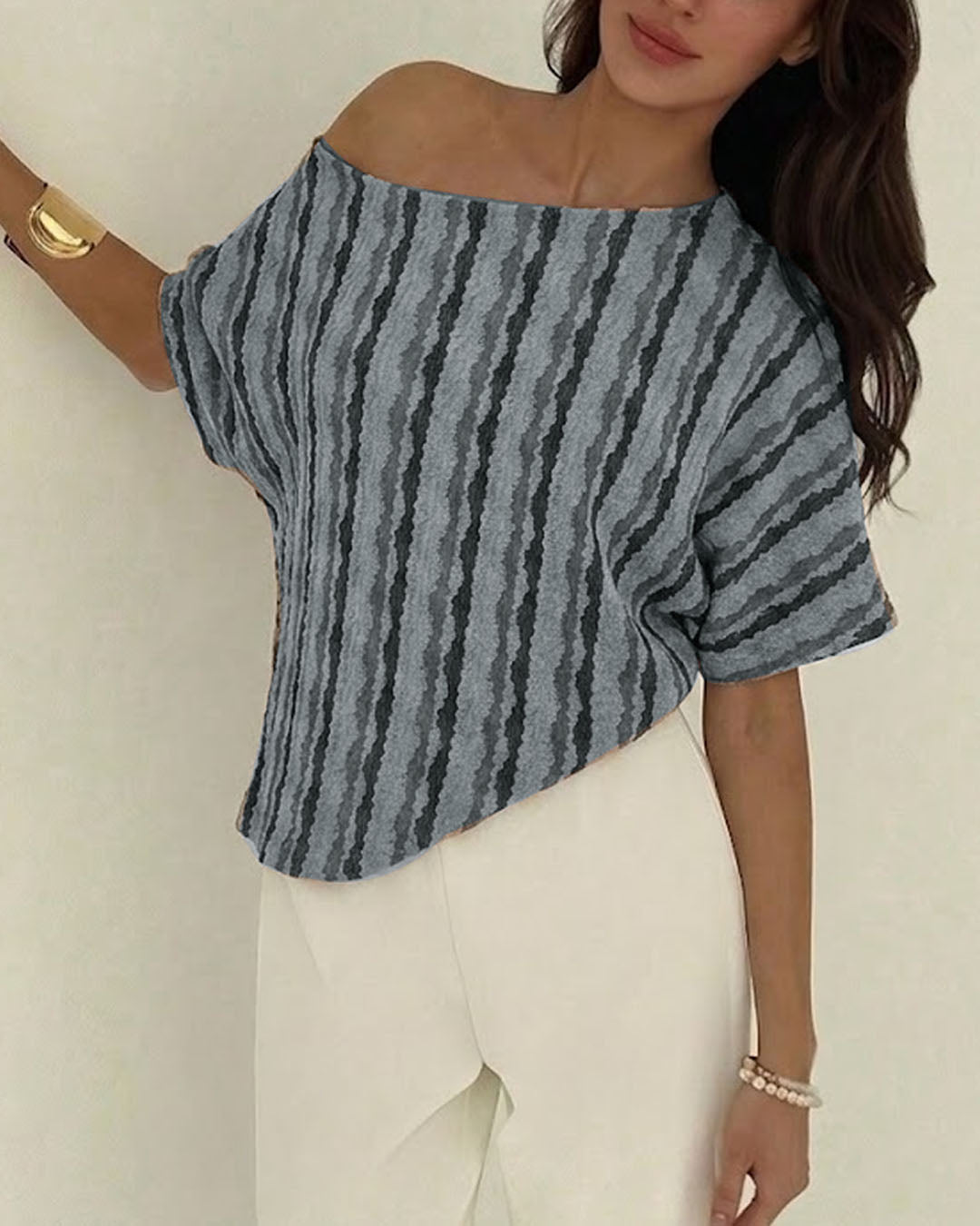 Striped Off Shoulder Asymmetrical Hem Top in Dusty Blue