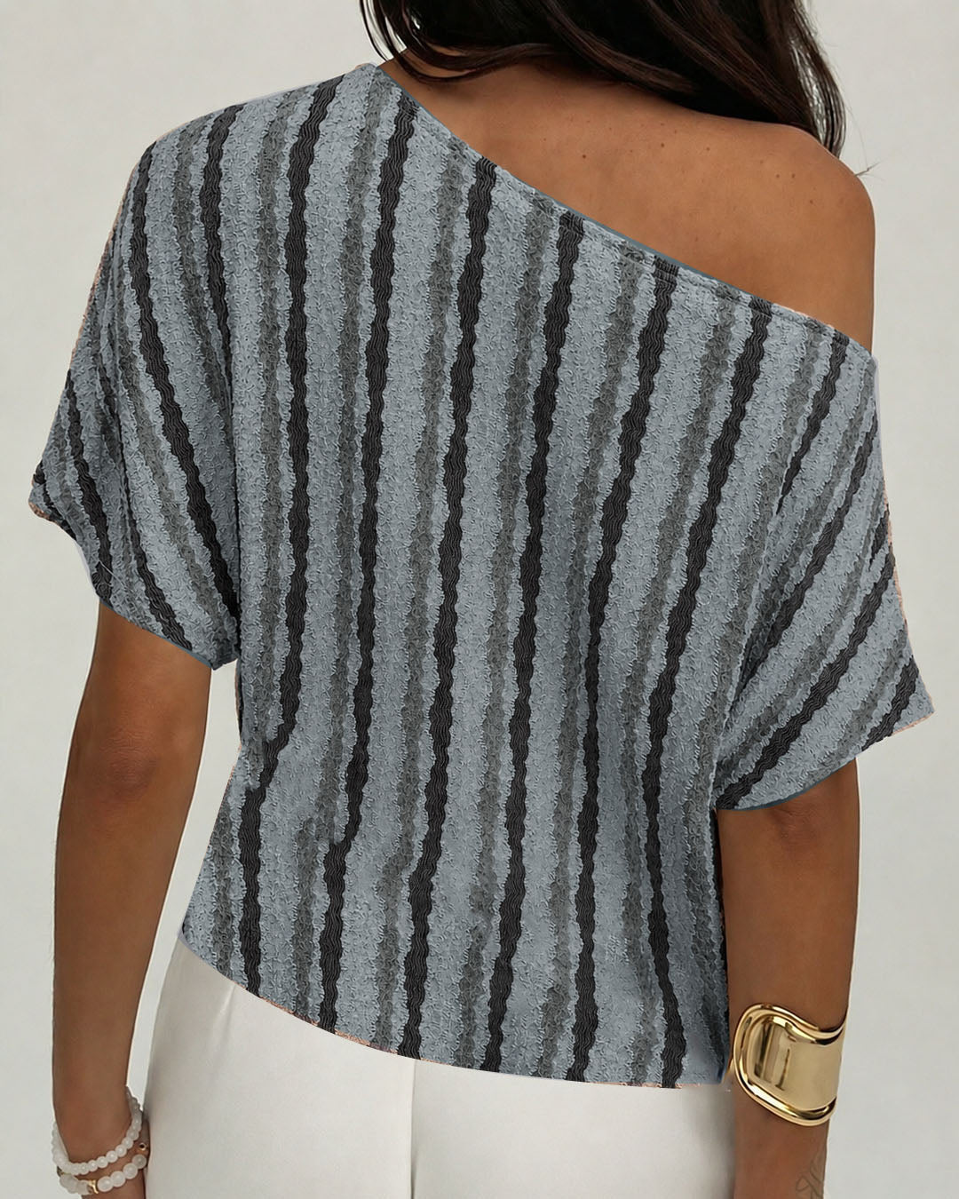 Striped Off Shoulder Asymmetrical Hem Top in Dusty Blue