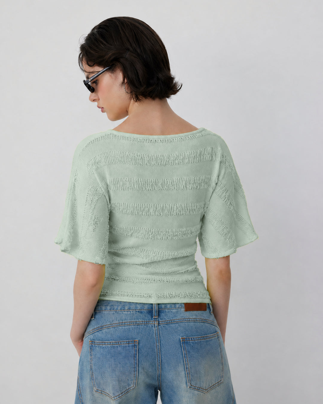 Textured Short Sleeve Crop Top in Light Green