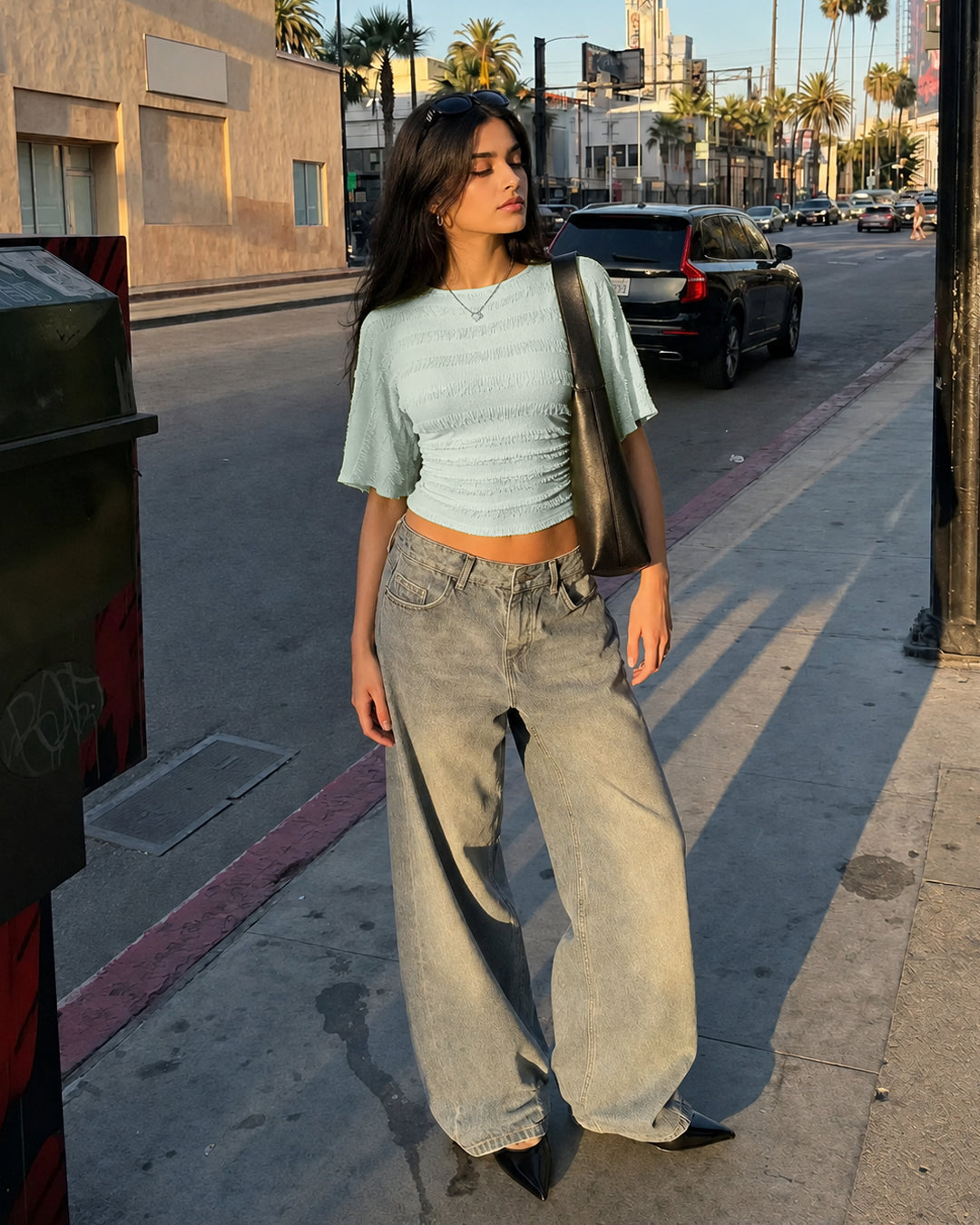 Textured Short Sleeve Crop Top in Light Green