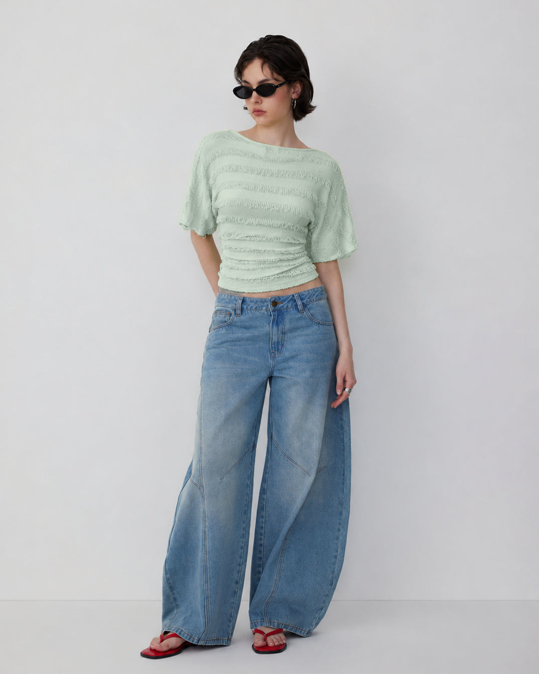 Textured Short Sleeve Crop Top in Light Green