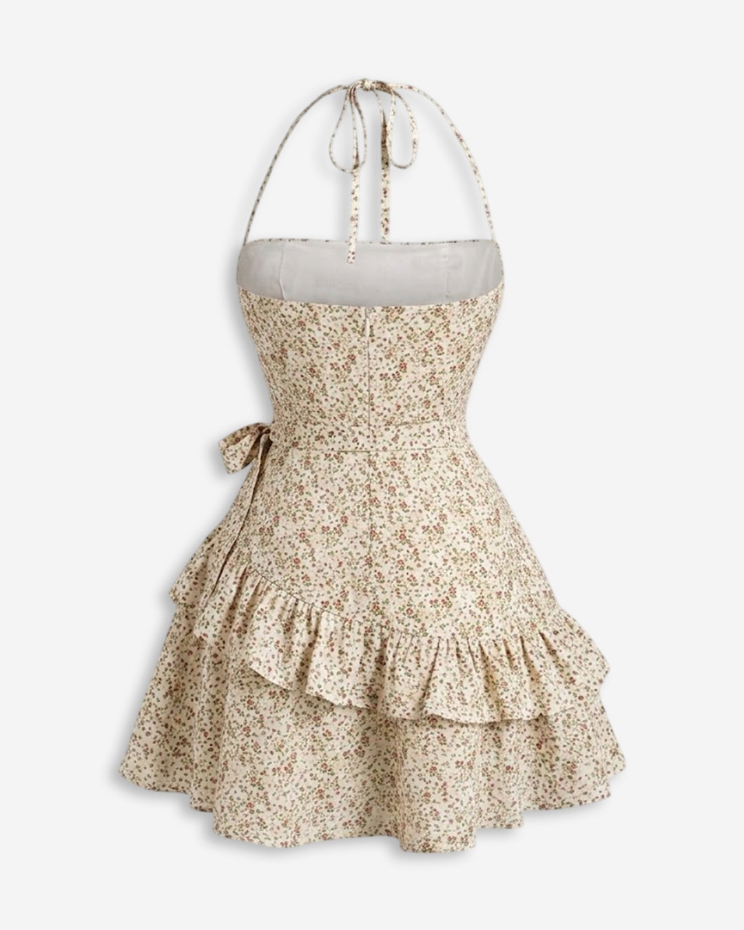 Floral Layered Hem Halter Mini Dress in Pearl White
