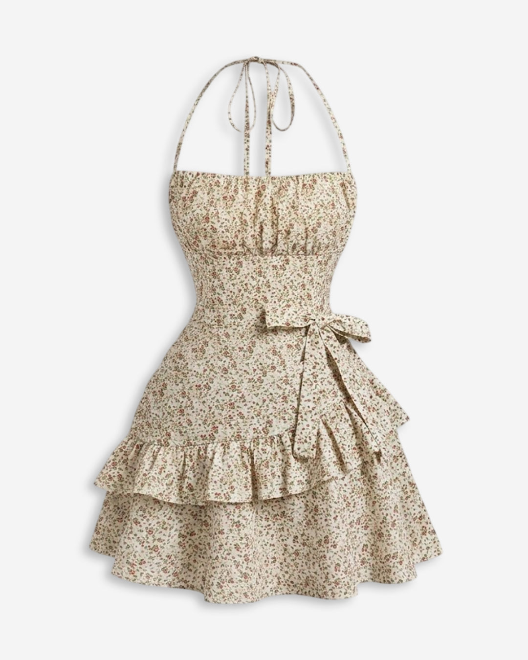 Floral Layered Hem Halter Mini Dress in Pearl White