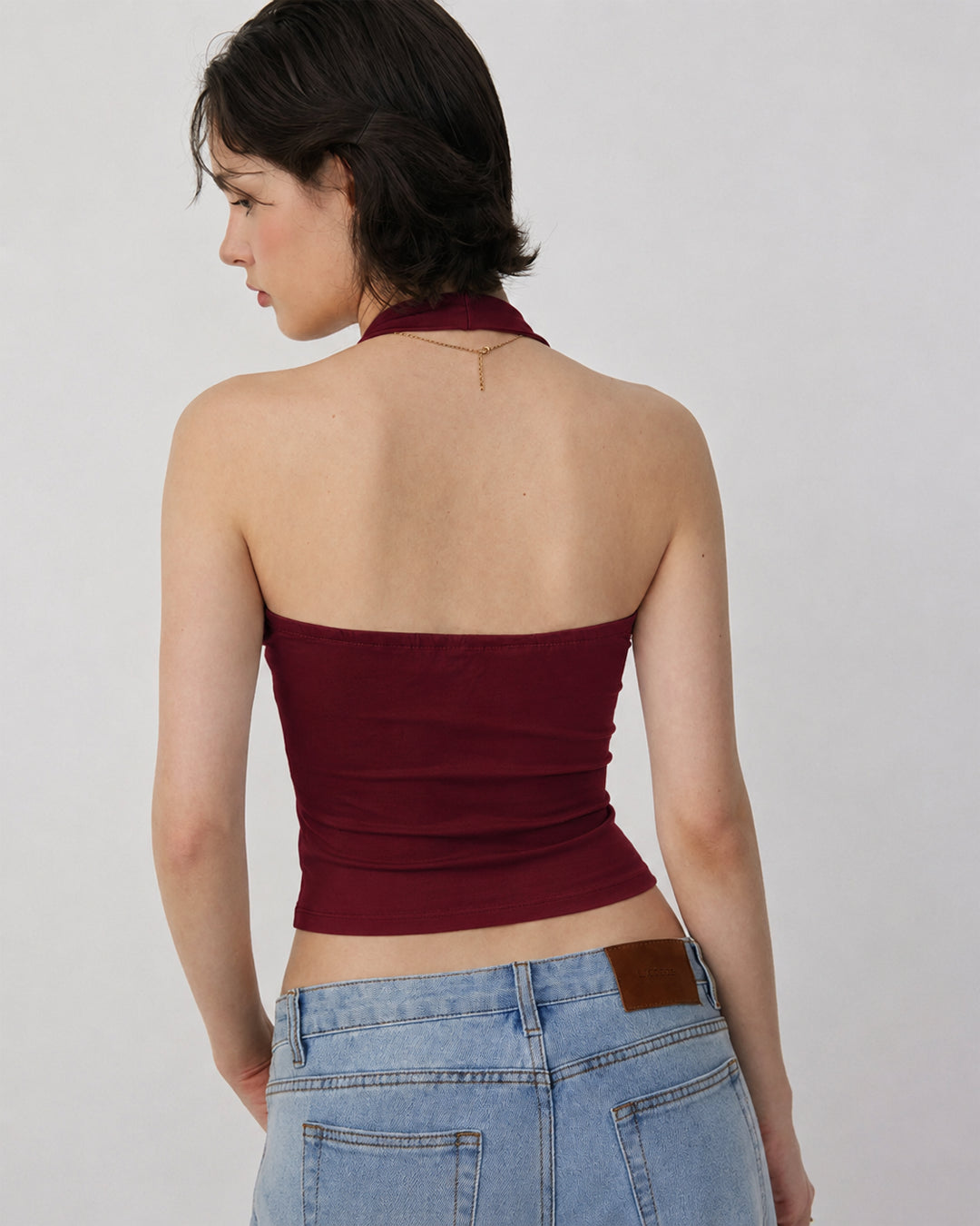 Minimal Halter Neck Ruched Sleeveless Fitted Top in Cherry