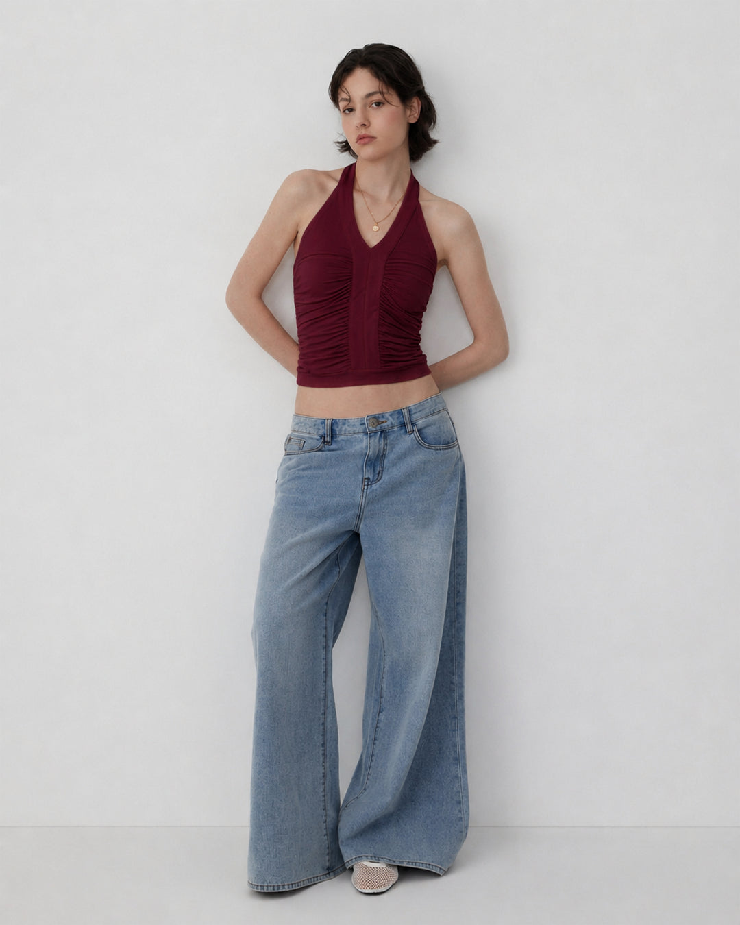 Minimal Halter Neck Ruched Sleeveless Fitted Top in Cherry