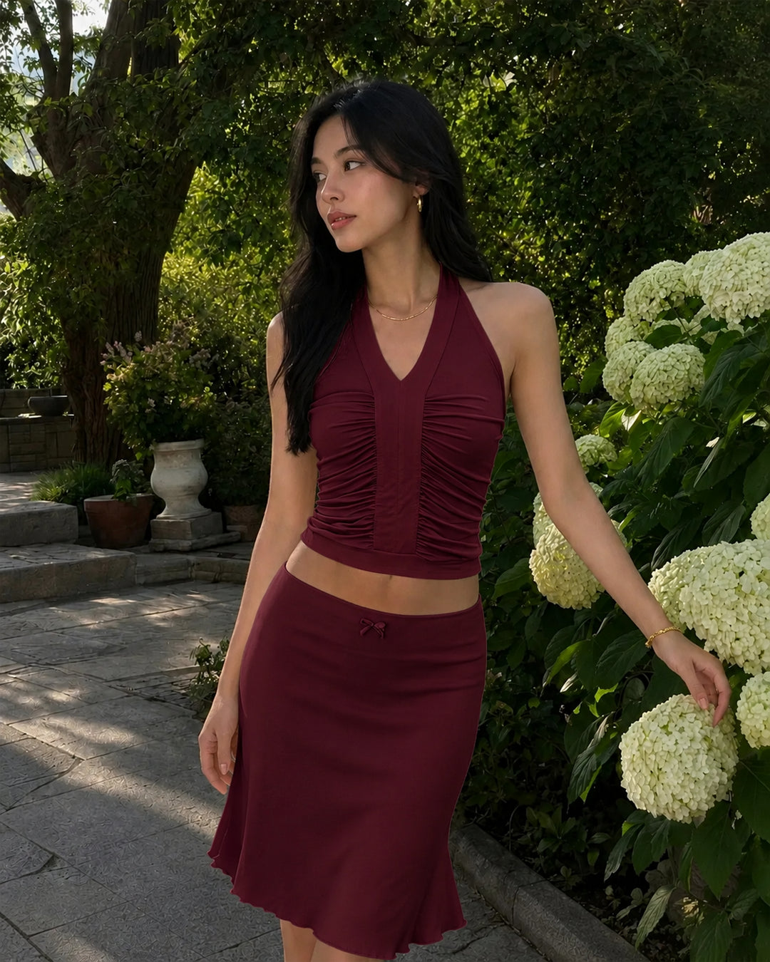Minimal Halter Neck Ruched Sleeveless Fitted Top in Cherry