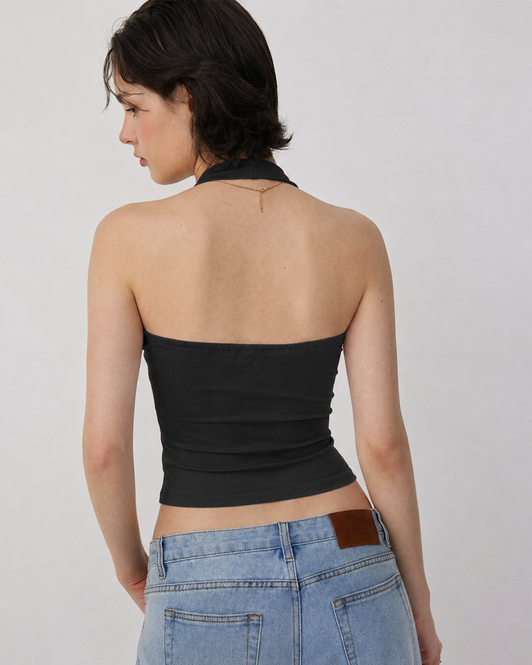 Minimal Halter Neck Ruched Sleeveless Fitted Top in Soft Black