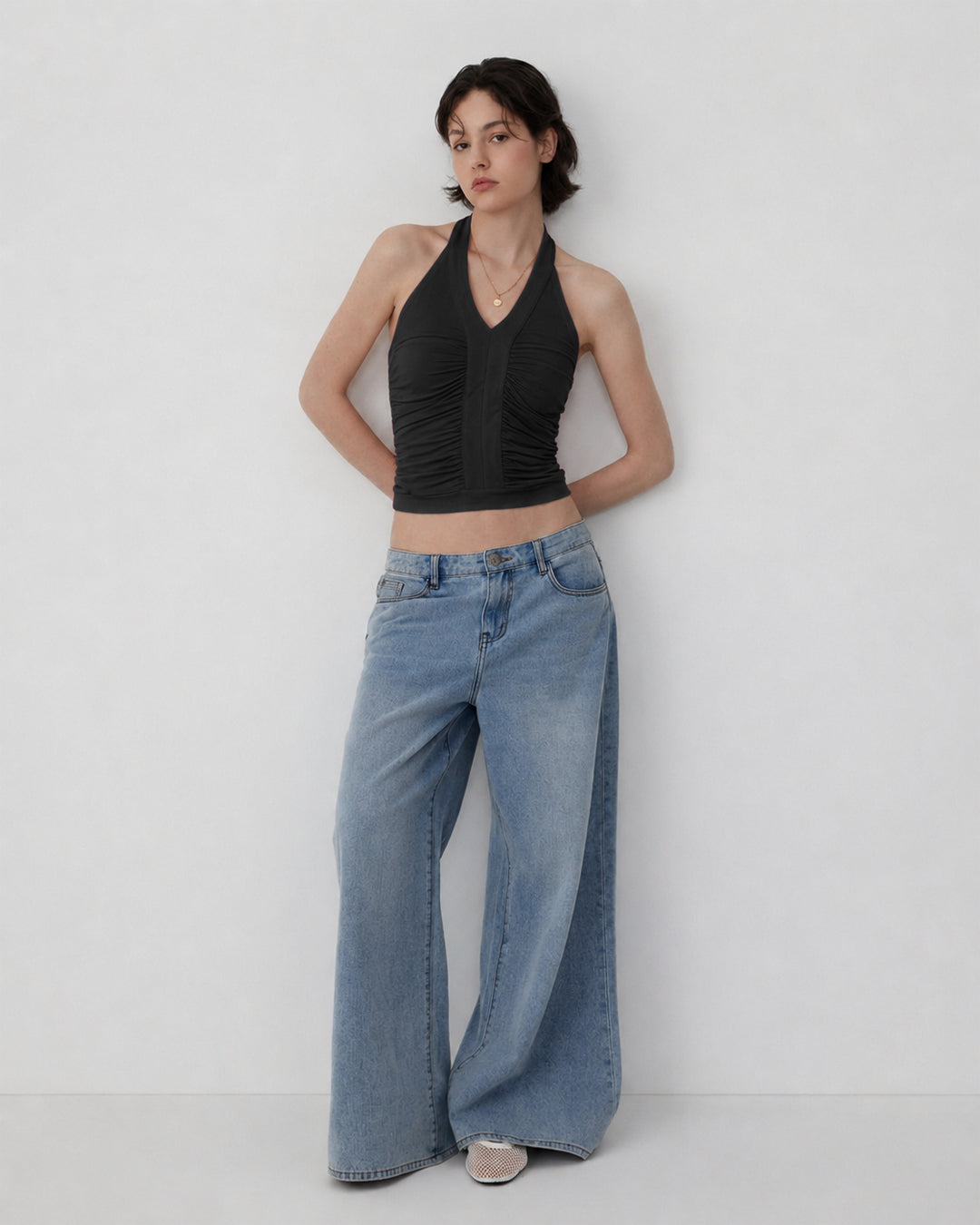 Minimal Halter Neck Ruched Sleeveless Fitted Top in Soft Black