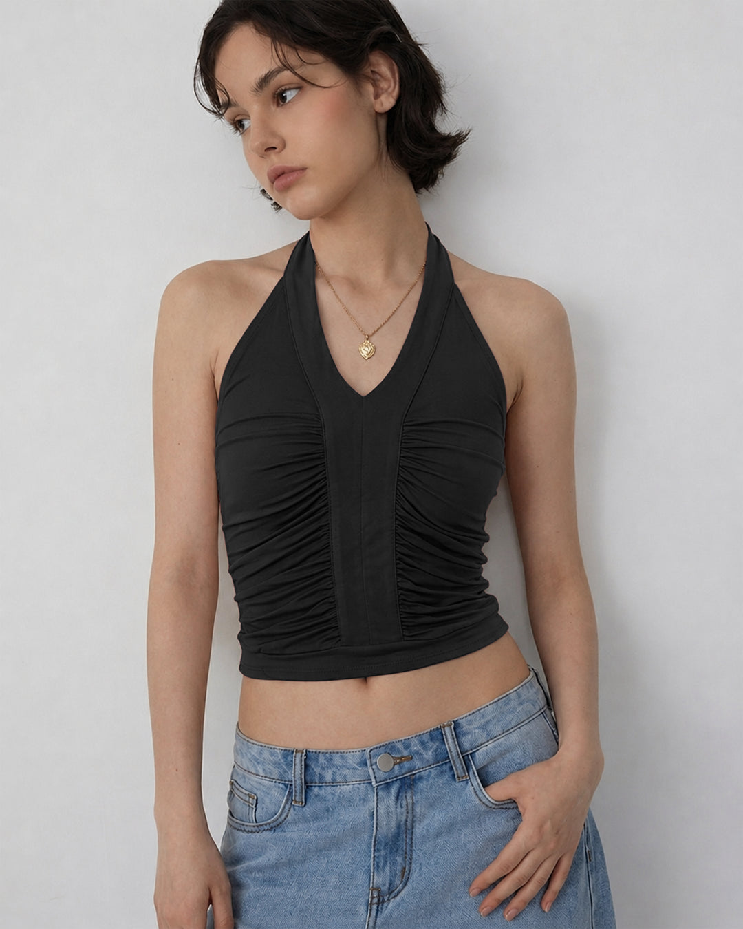 Minimal Halter Neck Ruched Sleeveless Fitted Top in Soft Black