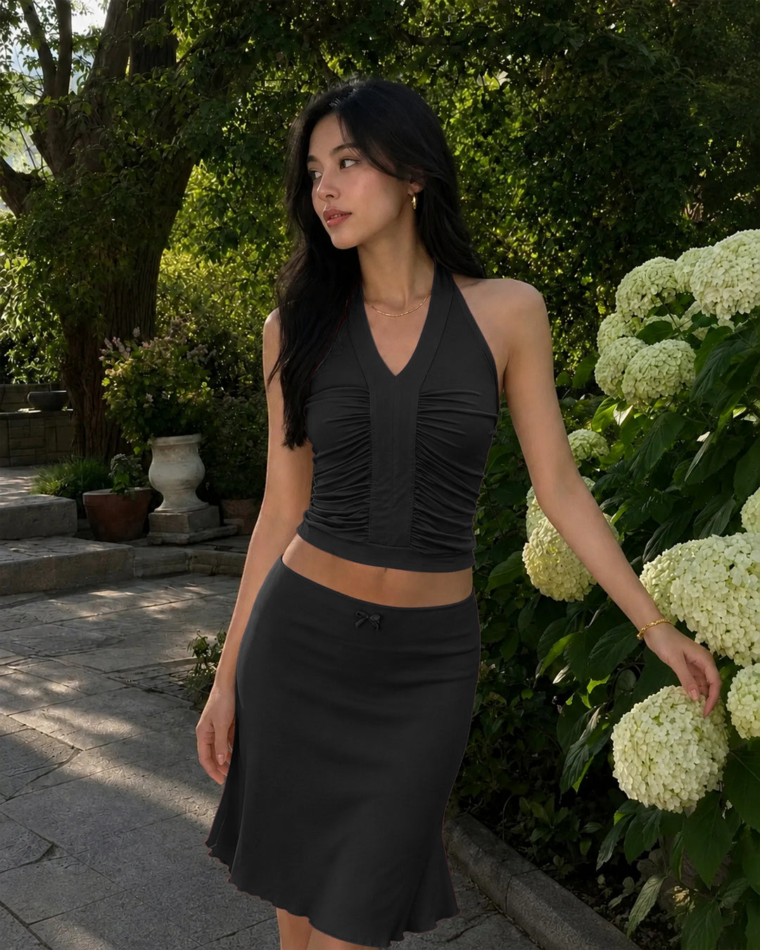 Minimal Halter Neck Ruched Sleeveless Fitted Top in Soft Black