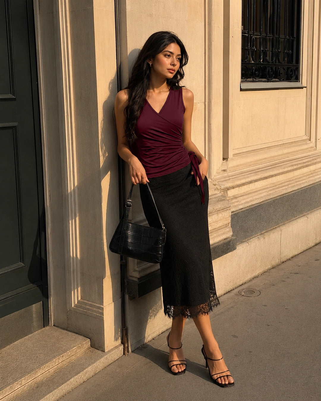 Wrap Tie Side Sleeveless Top in Maroon