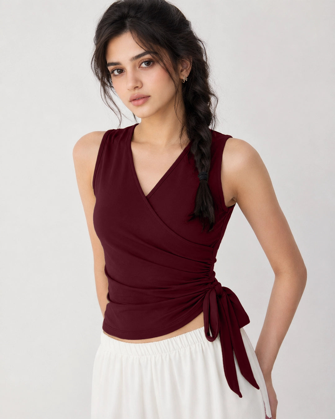 Wrap Tie Side Sleeveless Top in Maroon
