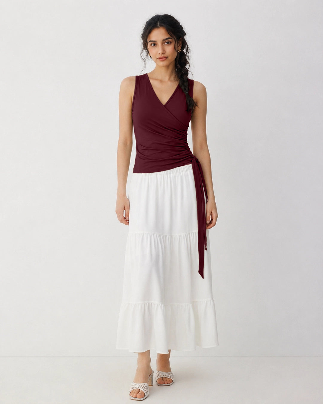 Wrap Tie Side Sleeveless Top in Maroon