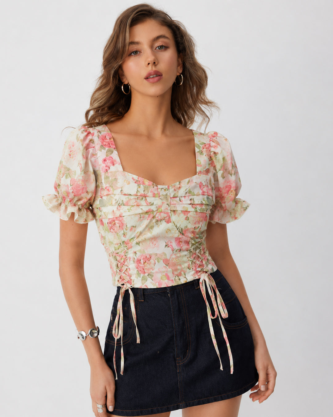 Sweetheart Neck Side Tie Puff Sleeve Crop Top in Classic White