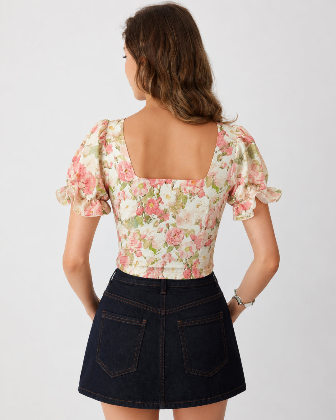 Sweetheart Neck Side Tie Puff Sleeve Crop Top in Classic White
