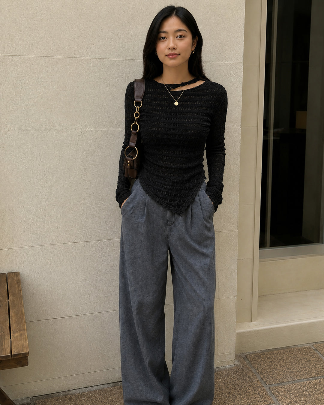 Cut Out Neck Asymmetrical Hem Full Sleeve Top in Classic Black