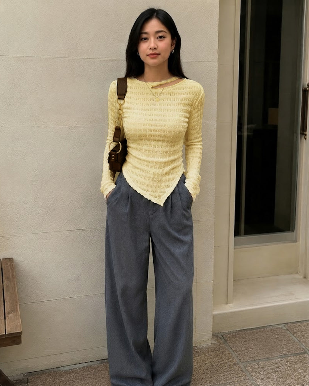 Cut Out Neck Asymmetrical Hem Full Sleeve Top in Vanilla