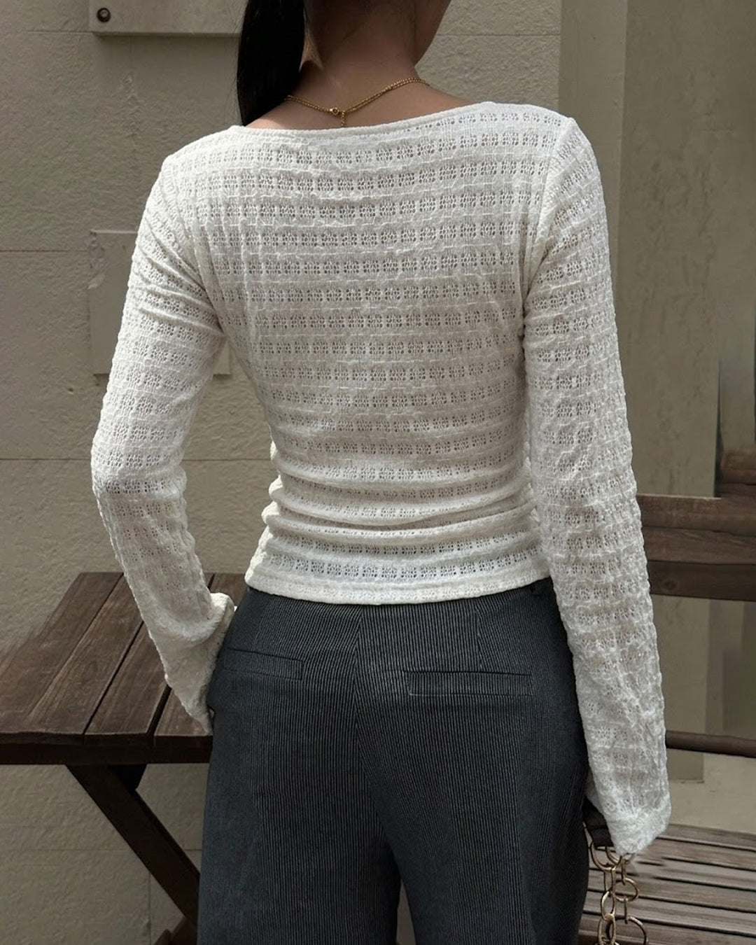 Cut Out Neck Asymmetrical Hem Full Sleeve Top in Classic White