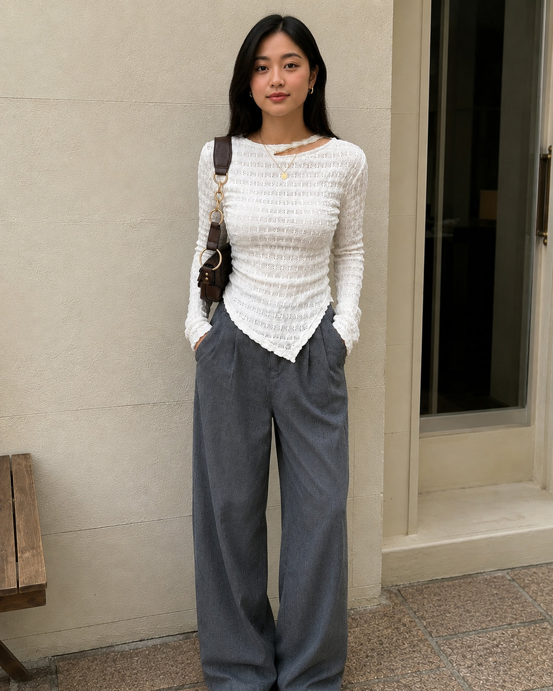 Cut Out Neck Asymmetrical Hem Full Sleeve Top in Classic White
