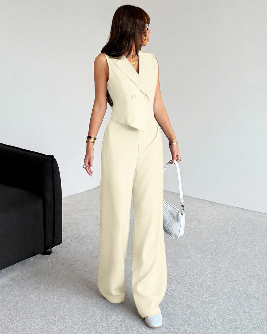 Collared V-Neck Sleeveless Vest Top And Wide Leg Pants Set in Beige