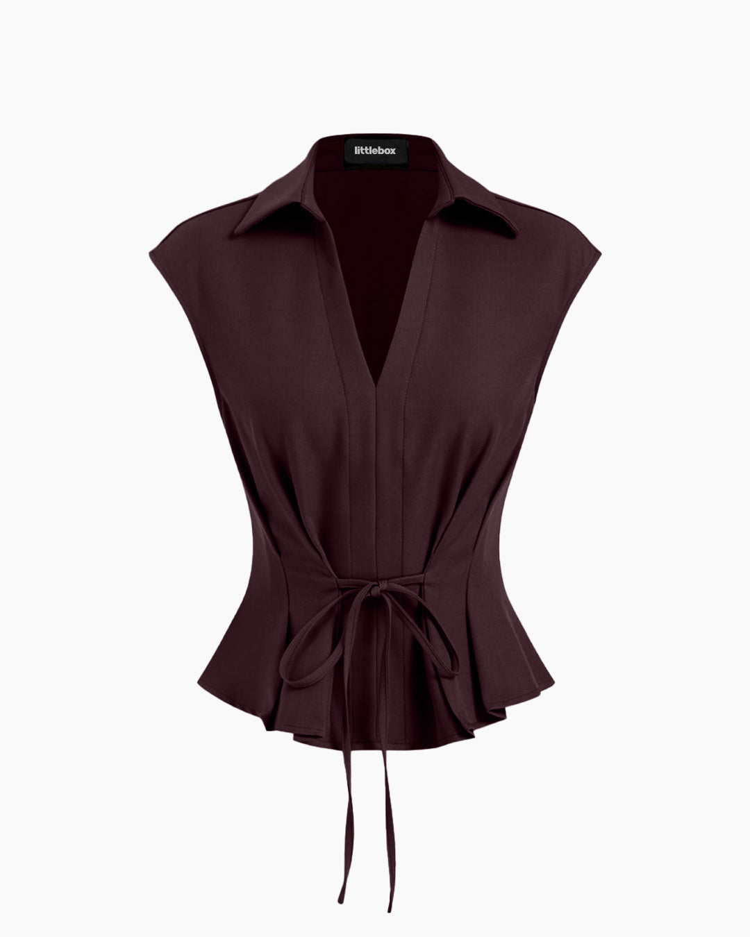 V-Neck Ruched Ruffled Tie Front Top in Deep Wine