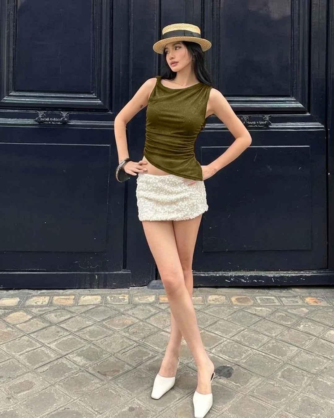 Boat Neck Ruched Asymmetric Top in Olive Green