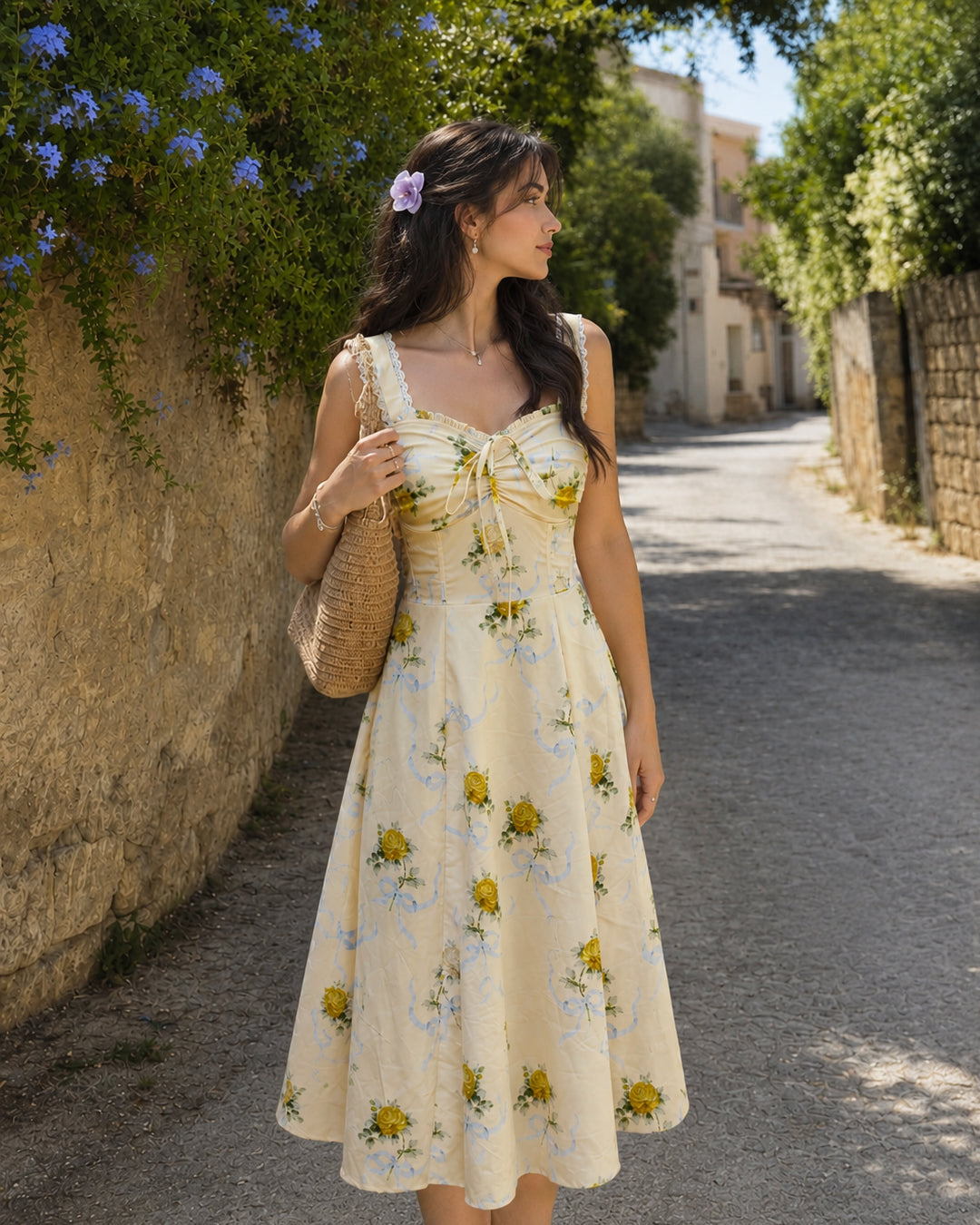 Floral Sweetheart Neck Wide Strap Midi Dress in Vanilla Yellow