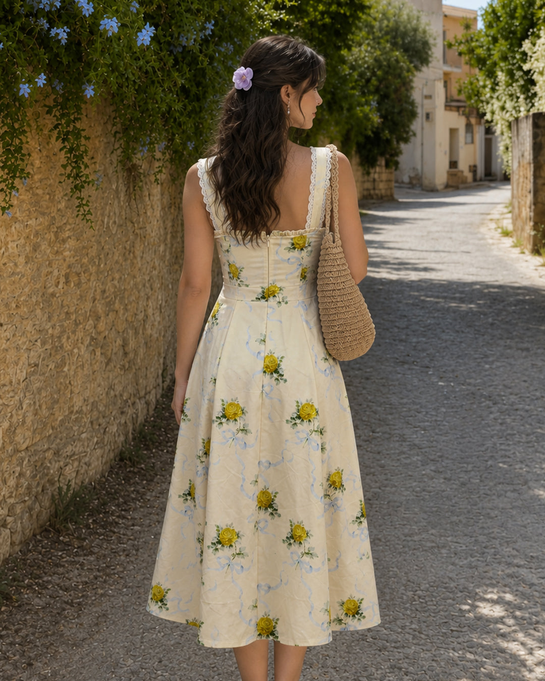 Floral Sweetheart Neck Wide Strap Midi Dress in Vanilla Yellow