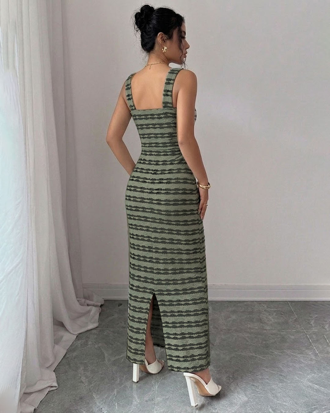 Twist Bust Back Slit Maxi Dress in Dusty Green