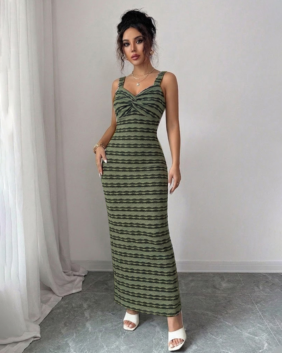 Twist Bust Back Slit Maxi Dress in Dusty Green