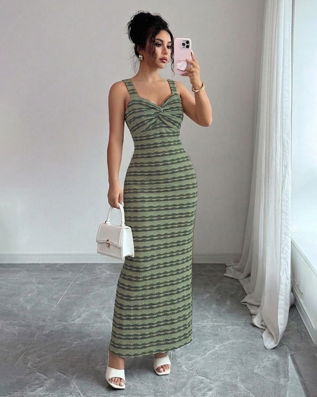 Twist Bust Back Slit Maxi Dress in Dusty Green