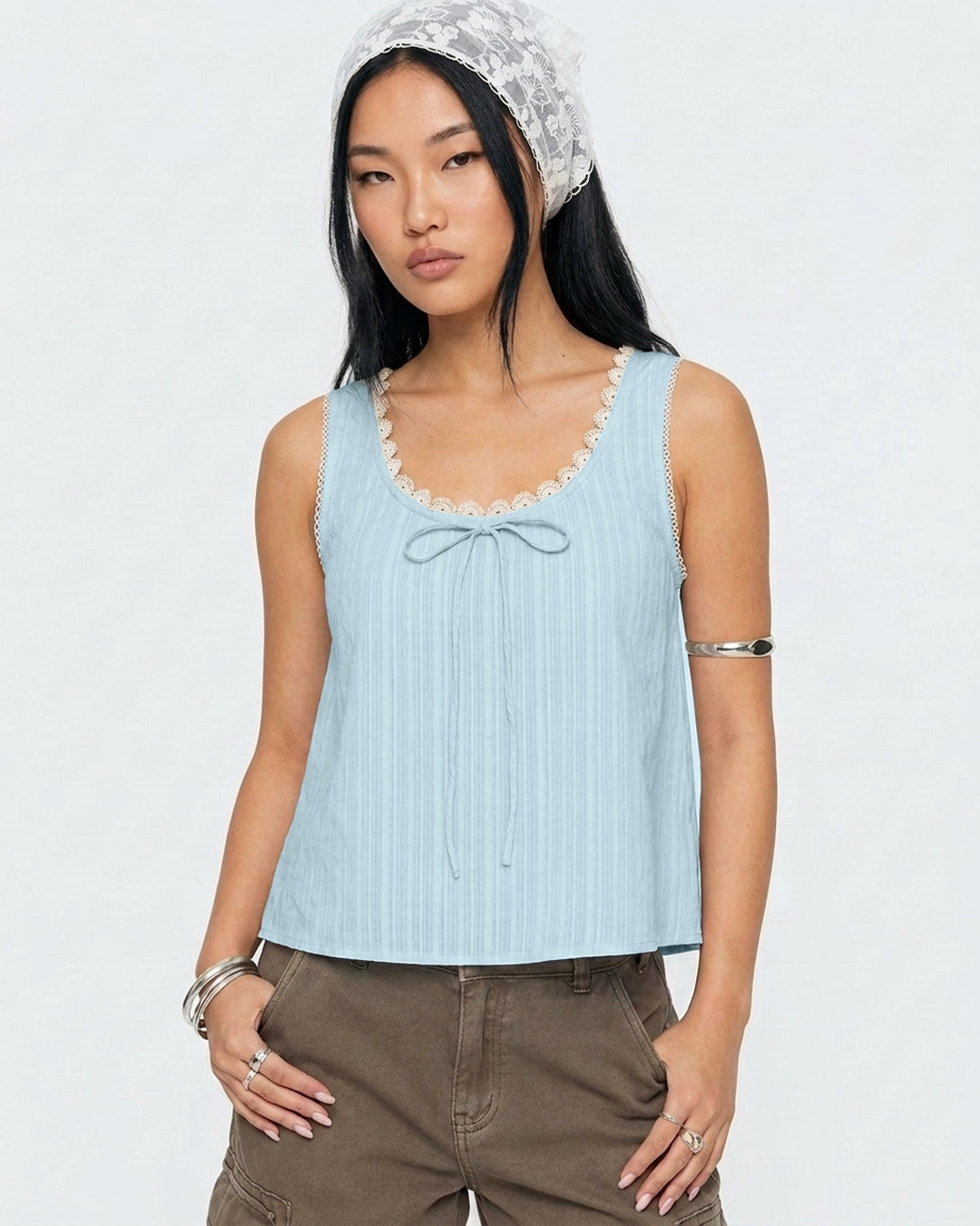 Lace Trim Bow Front Sleeveless Top in Baby Blue