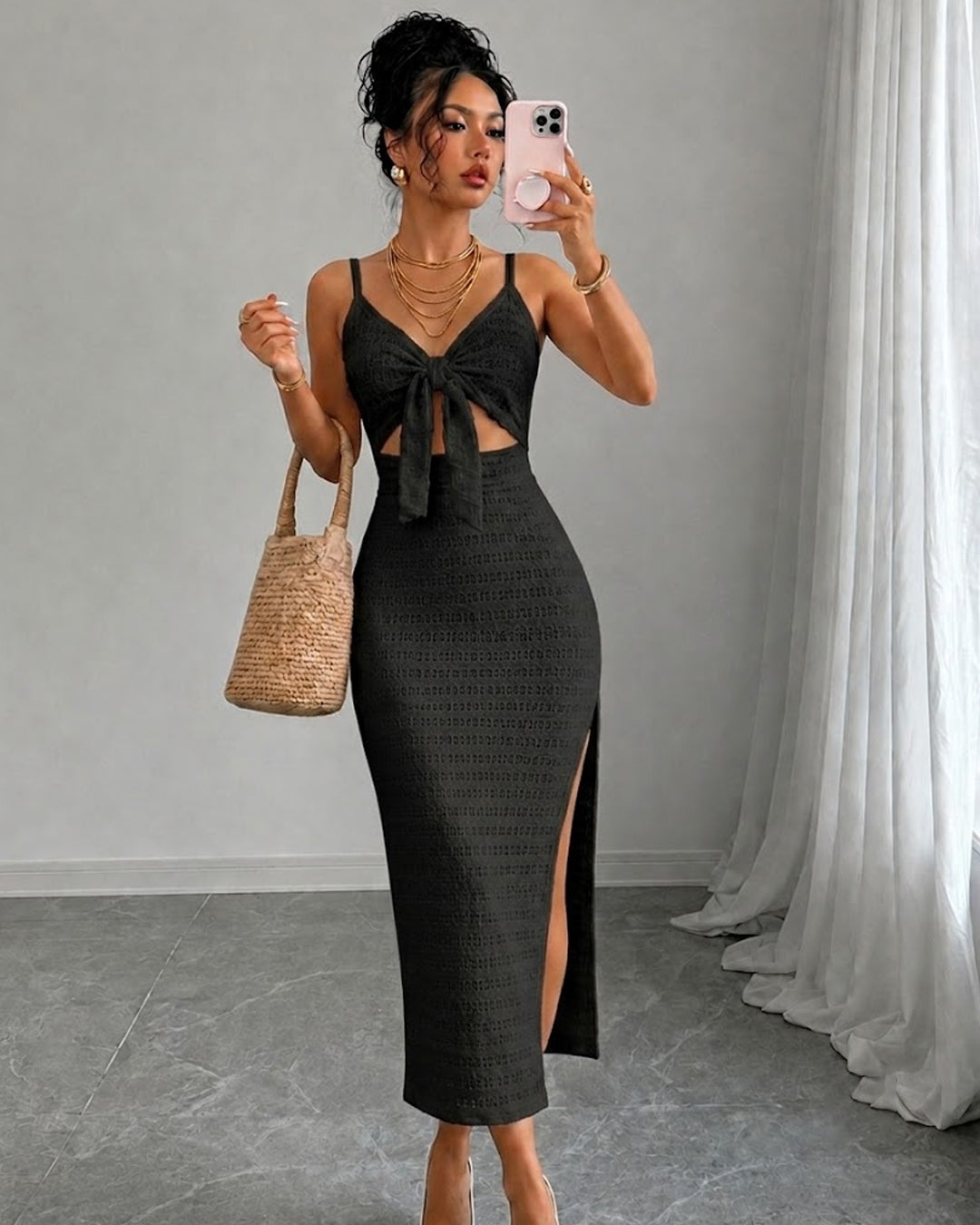 Textured V Neck Cut Out Spaghetti Strap Dress in Soft Black