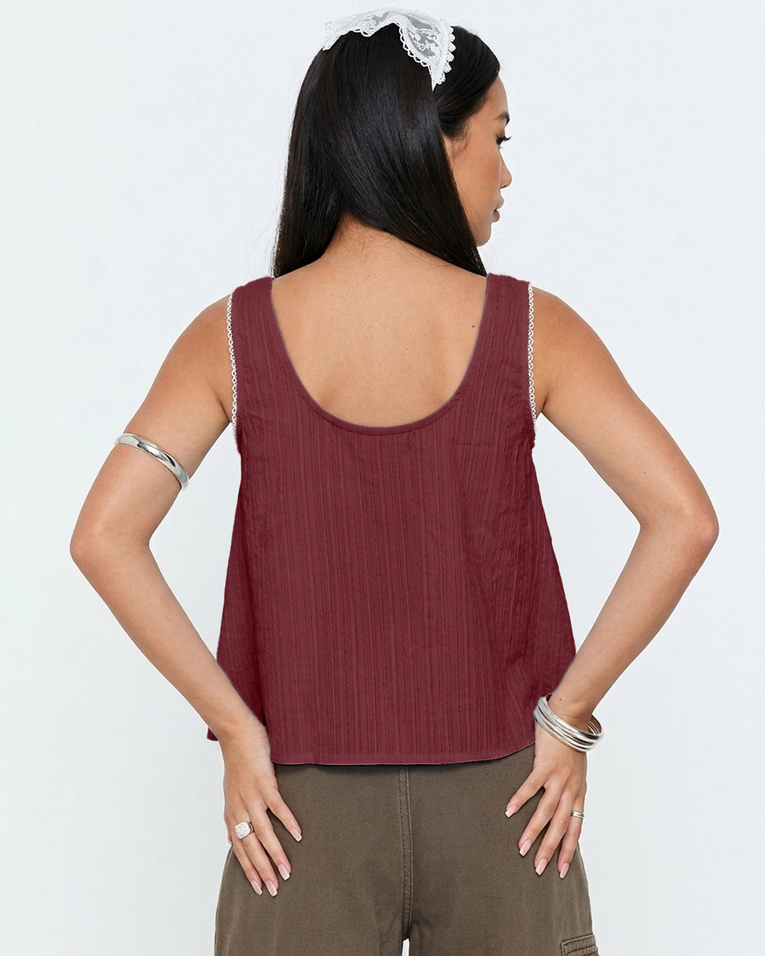 Lace Trim Bow Front Sleeveless Top in Merlot