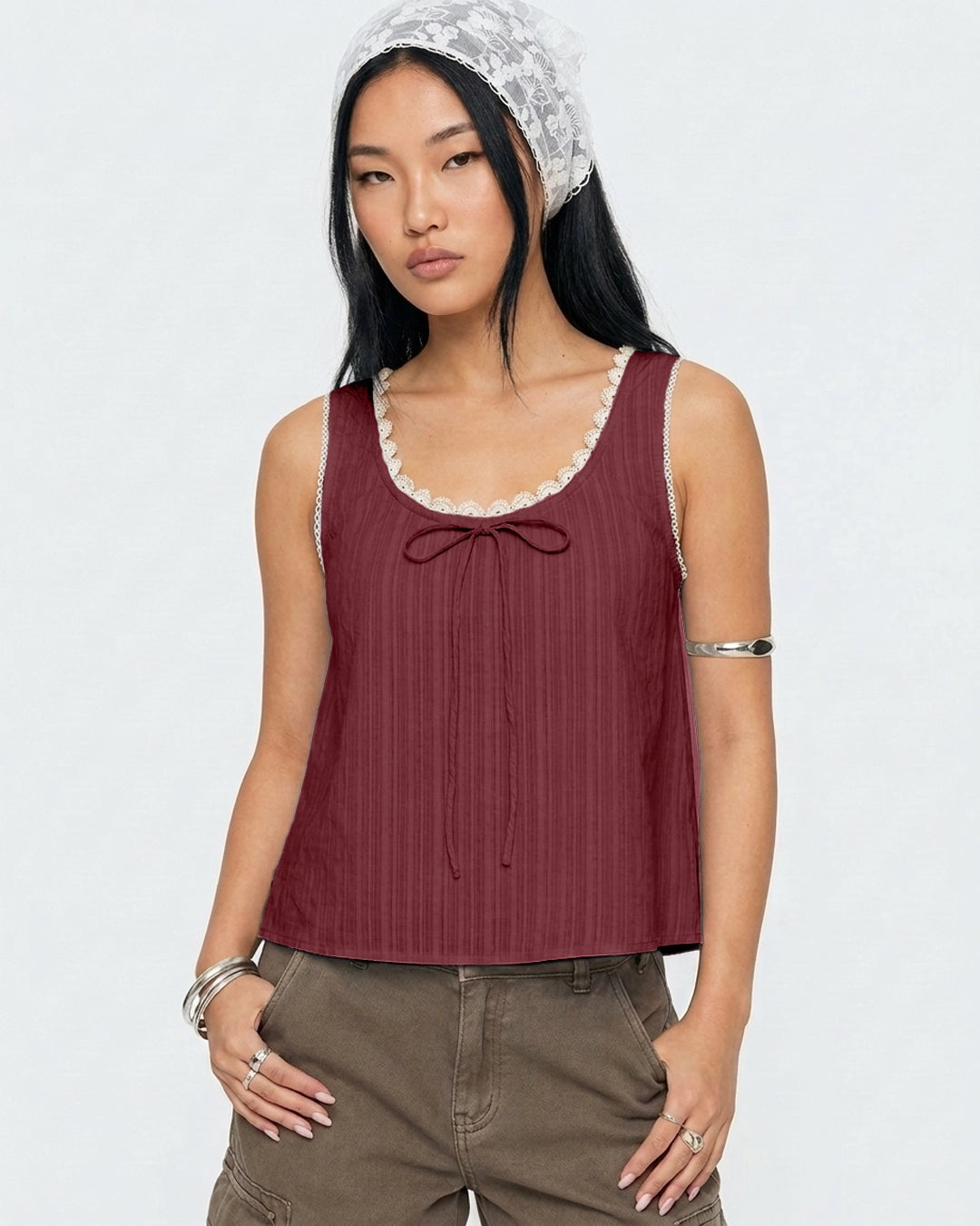 Lace Trim Bow Front Sleeveless Top in Merlot