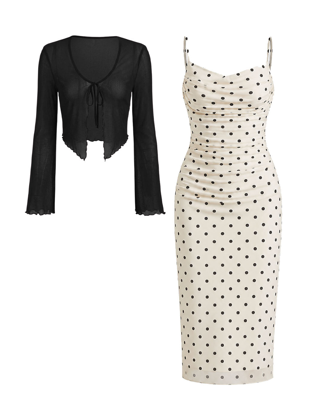 Polka Dot Cowl Neck Midi Dress with Sheer Shrug in Soft Black and Classic White