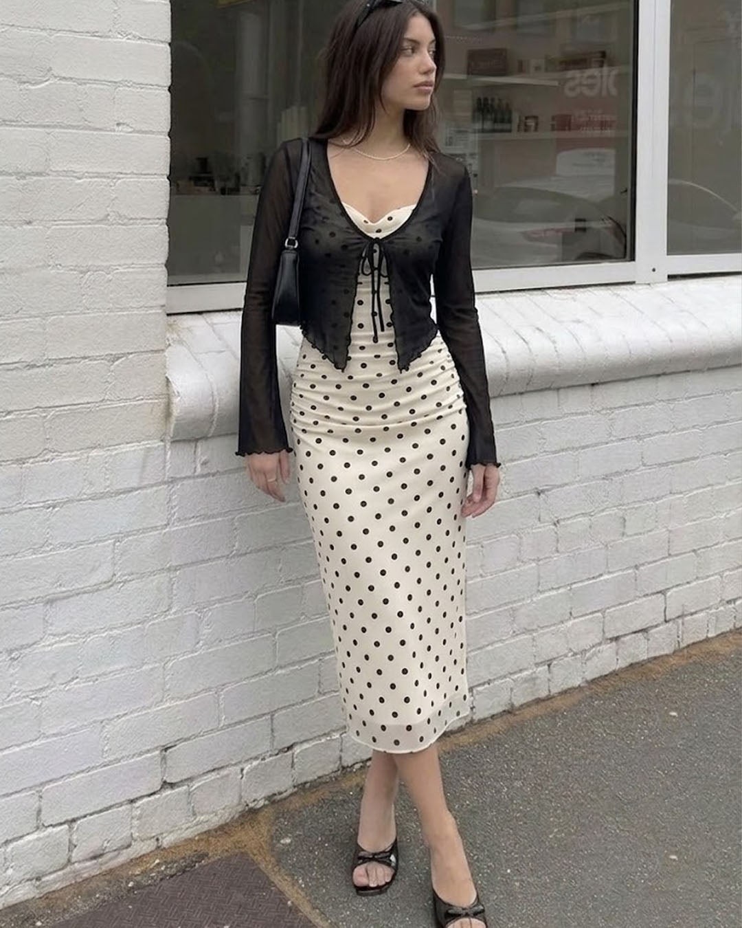 Polka Dot Cowl Neck Midi Dress with Sheer Shrug in Soft Black and Classic White