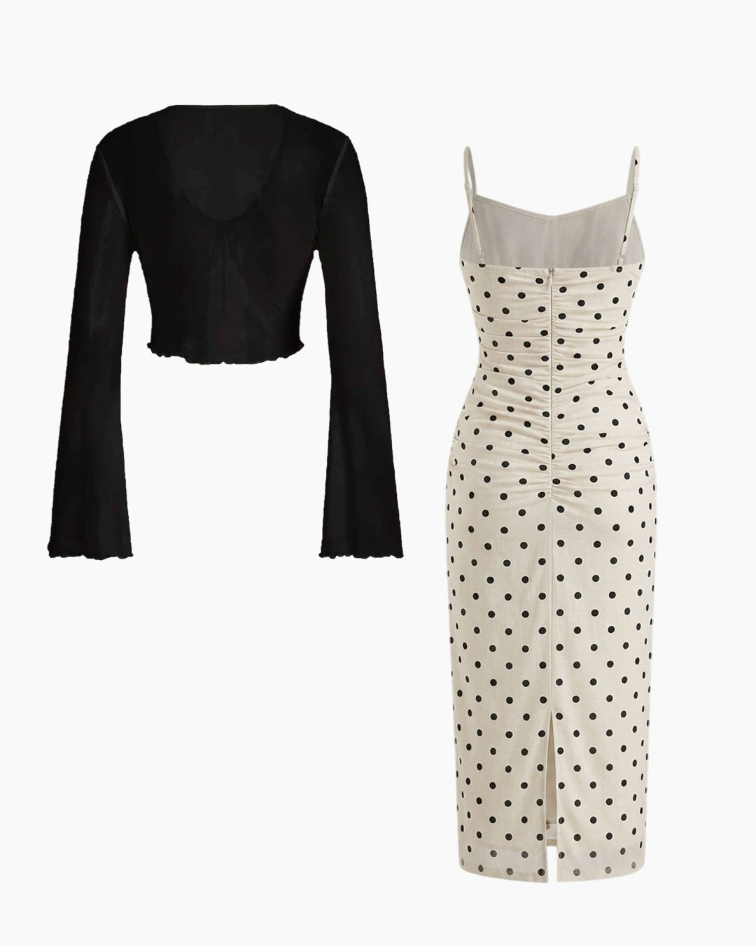 Polka Dot Cowl Neck Midi Dress with Sheer Shrug in Soft Black and Classic White
