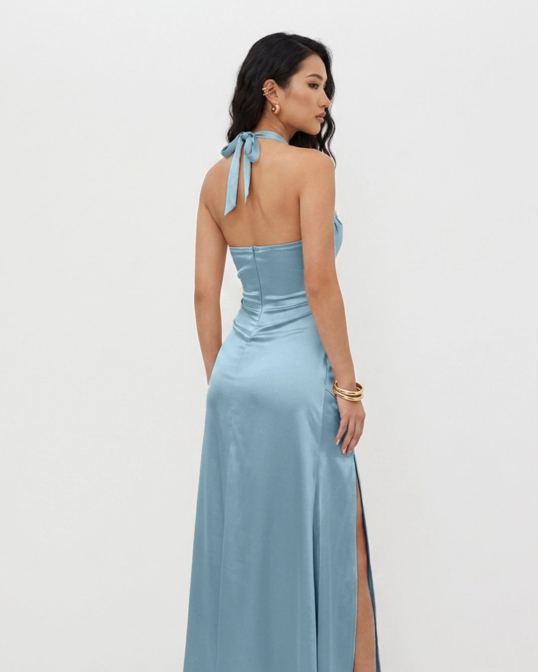 Halter Neck Ruched Satin Maxi Dress in Baby Blue