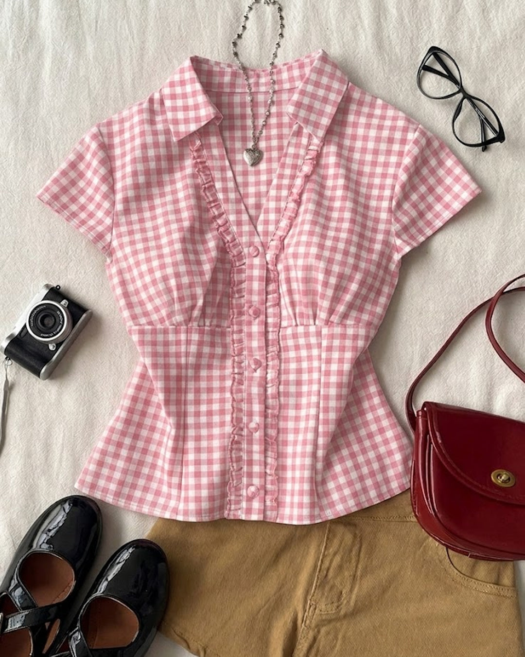 Ruffle Trim Collar Neck Shirt Top in Powder Pink
