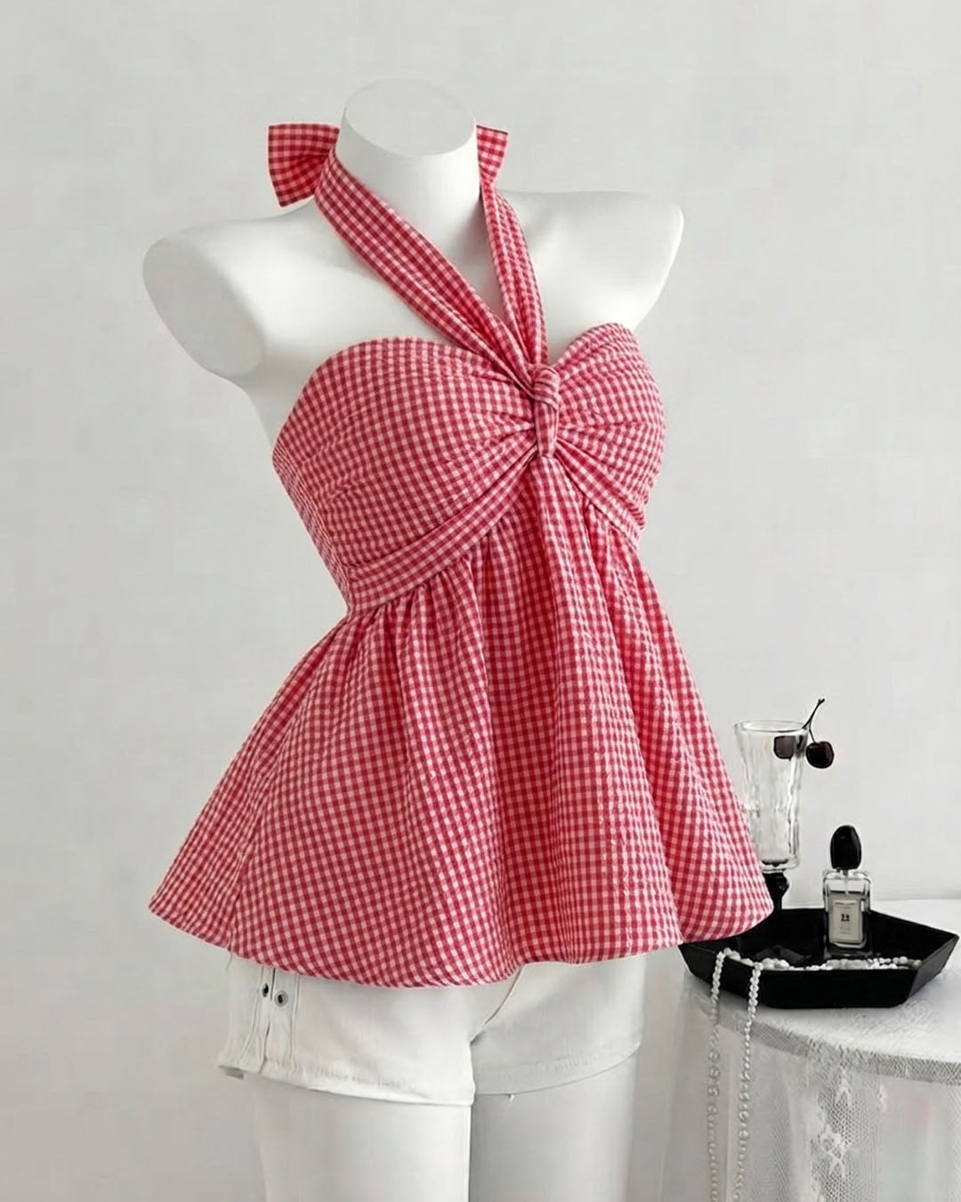 Tie Neck Flared Hem Top in Classic Red