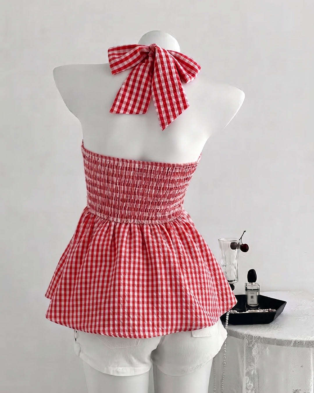 Tie Neck Flared Hem Top in Classic Red