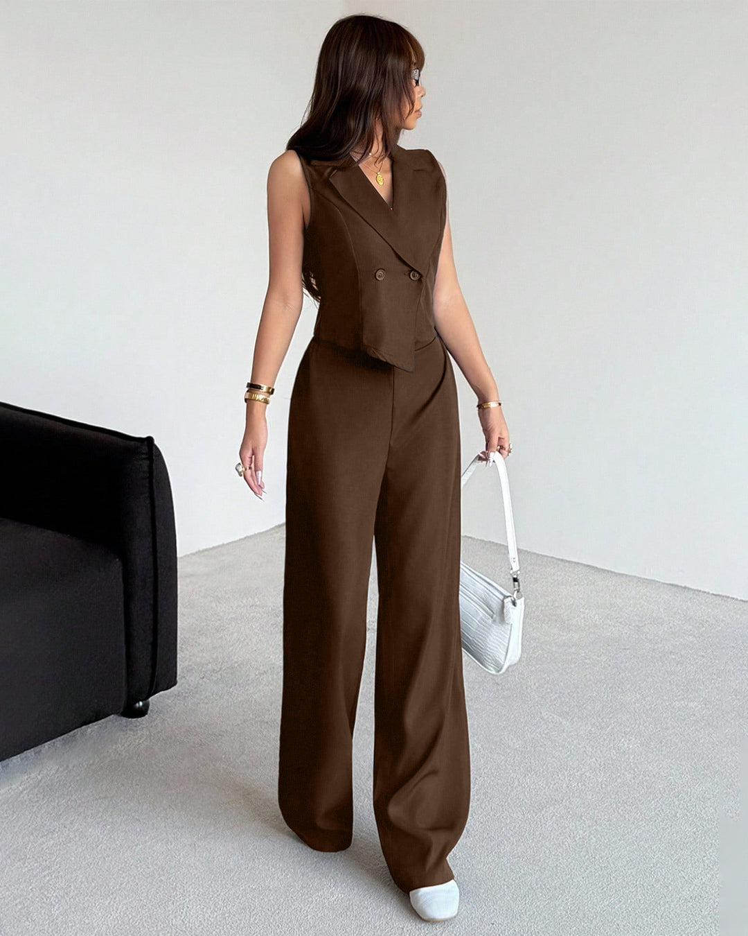 Solid Wide Leg Sleeveless Jumpsuit in Cocoa Brown